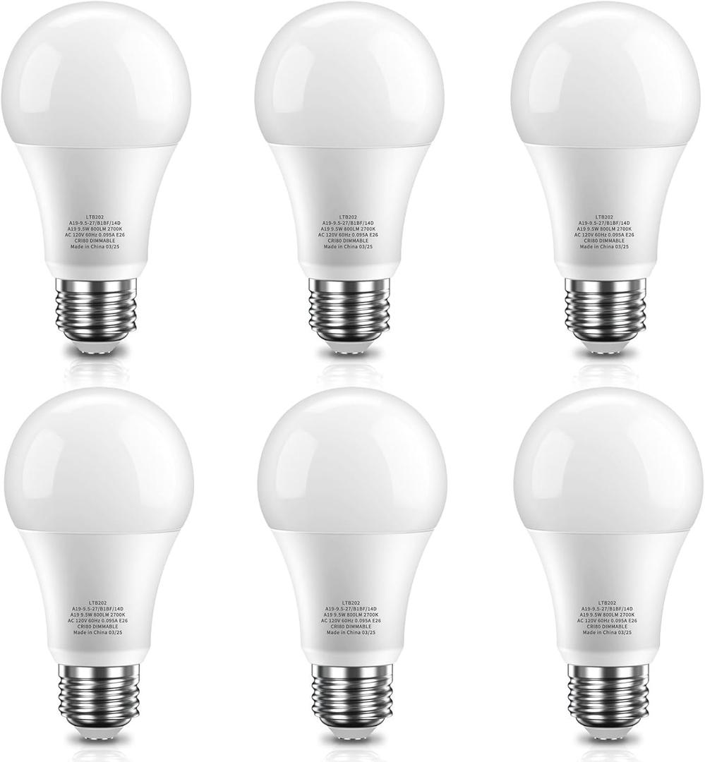 LED Light Bulb, Dimmable A19 9.5W 60 Watt Equivalent LED Bulbs, 800LM Daylight White 5000K lightbulbs, 25,000Hrs Lifespan, E26 Base daylight light bulbs for Home Bedroom Living Room Office, 6 Pack