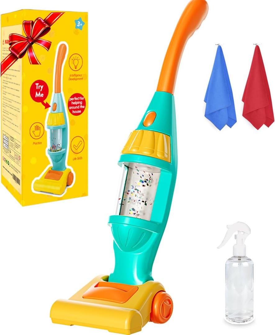 Toddler Vacuum Toy That Works with Lights & Sounds, Pretend Play Toy Vacuum for Toddlers 3-5 Years Old, Baby Vacuum for Boys Girls, Kids Vacuum Cleaner Cleaning Toys with Spray Bottle, 2 Towels