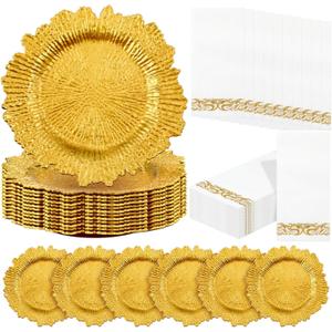 Nitial 50 Set Reef Charger Plate Set Bulk 13 Plastic Charger Plates Ruffled Rim with Paper Napkins Guest Towels for Table Setting Wedding Party (Gold)