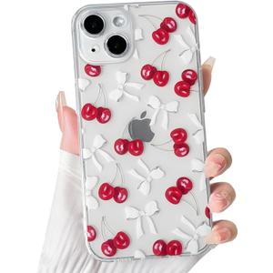 NITITOP Compatible with iPhone 13 Mini Case Cute Clear Cherry Bowknot Design for Women Girls Bow Ribbon Soft Fit Slim Stylish Anti Yellowing Protective Phone Cover - White