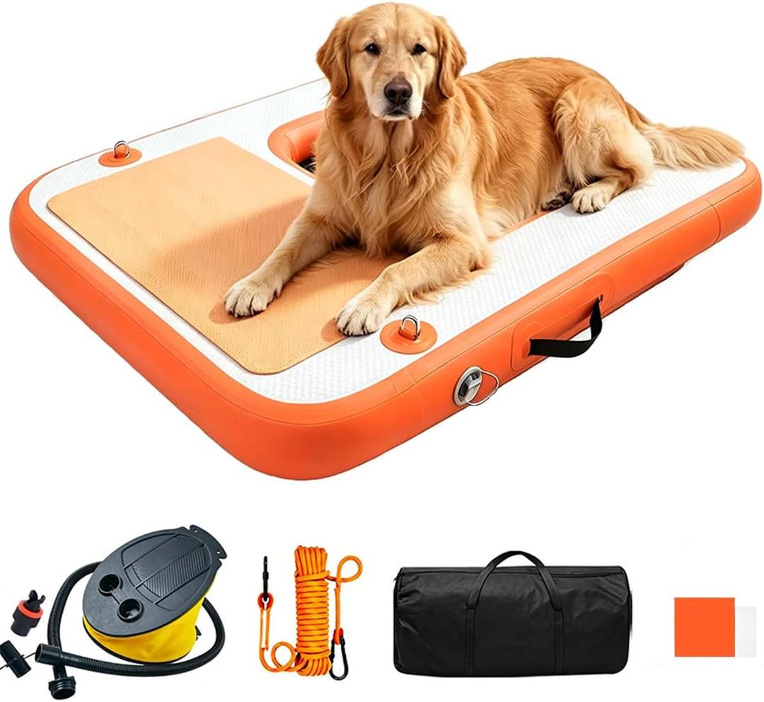 Inflatable Dock Platform for Dog, Large Dog Float Floating Ladder Up to 220 lbs Dogs Water Ramp, Non-Slip PVC with Boat Ramp for Pool, Dock, & Lake