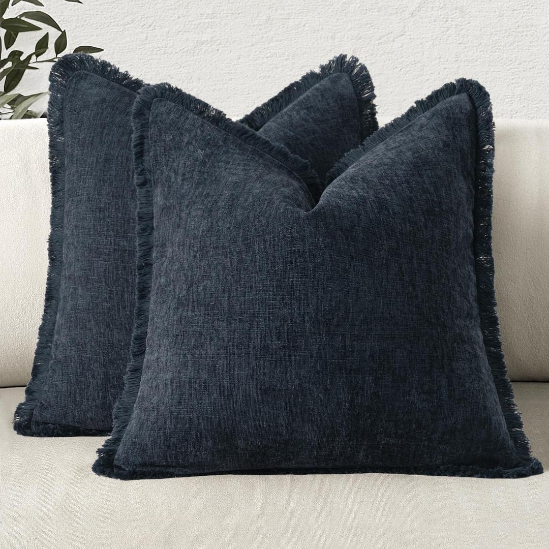 MIULEE Decorative Boho Farmhouse Throw Pillow Covers Pack of 2 Soft Cozy Couch Pillow Covers with Tassels Chenille Accent Pillowcases for Spring Sofa Bed Living Room Home Decor 18x18 Inch Navy Blue