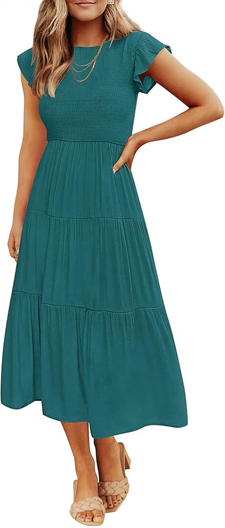 ZESICA Women's 2026 Summer Casual Flutter Short Sleeve Crew Neck Smocked Elastic Waist Tiered Midi Dress (Teal Green)