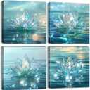 Lotus Flower Wall Art Teal Wall Decor Zen Bathroom Picture for Walls Canvas Prints Paintings Spiritual Meditation Wall Decor Turquoise Water Flowers Poster Yoga Room Artwork Decorations 12x12" 4Pcs