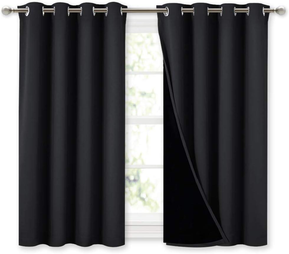 NICETOWN 100% Blackout Curtains 45 inches Length, 2 Thick Layers Completely Blackout Window Treatment Thermal Insulated Lined Drapes for Basement Window (Black, 1 Pair, 52 inches Width Each Panel) (52"W x 45"L (Pack of 2))