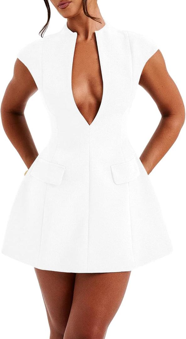 LuFeng Women's Summer Sexy Cap Sleeve Deep V Neck Zipper A-line Mini Dress Hollow Bodycon Night Out Party Dress (White, M)