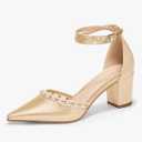 Coutgo Womens Pearl Chunky Heels Wedding Shoes for Bride Closed Pointed Toe Ankle Strap Satin Pumps (8, Champagne Gold)