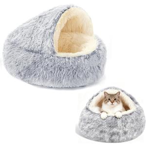 Cozy Hooded Pet Cave Bed - 20"x20" Washable Anti-Slip Nest for Small Dogs & Cats Up to 18 lbs, Cute Grey Donut Bed for Restful Sleep