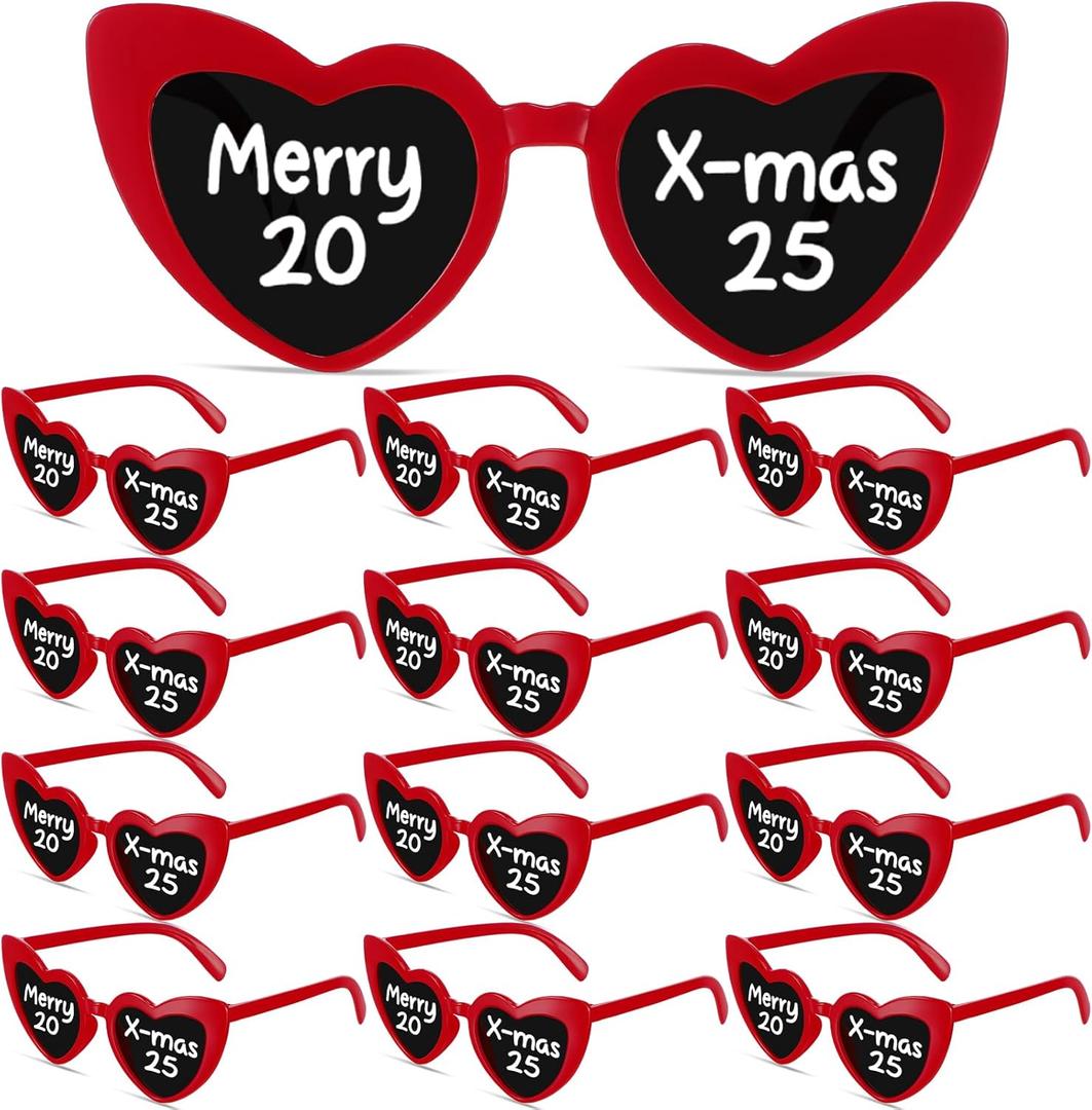 Cuffbow 12 Pcs Christmas Glasses Heart Shaped Xmas Holiday Sunglasses for Christmas Party Holiday Favors(Red, Merry Xmas 2025)
