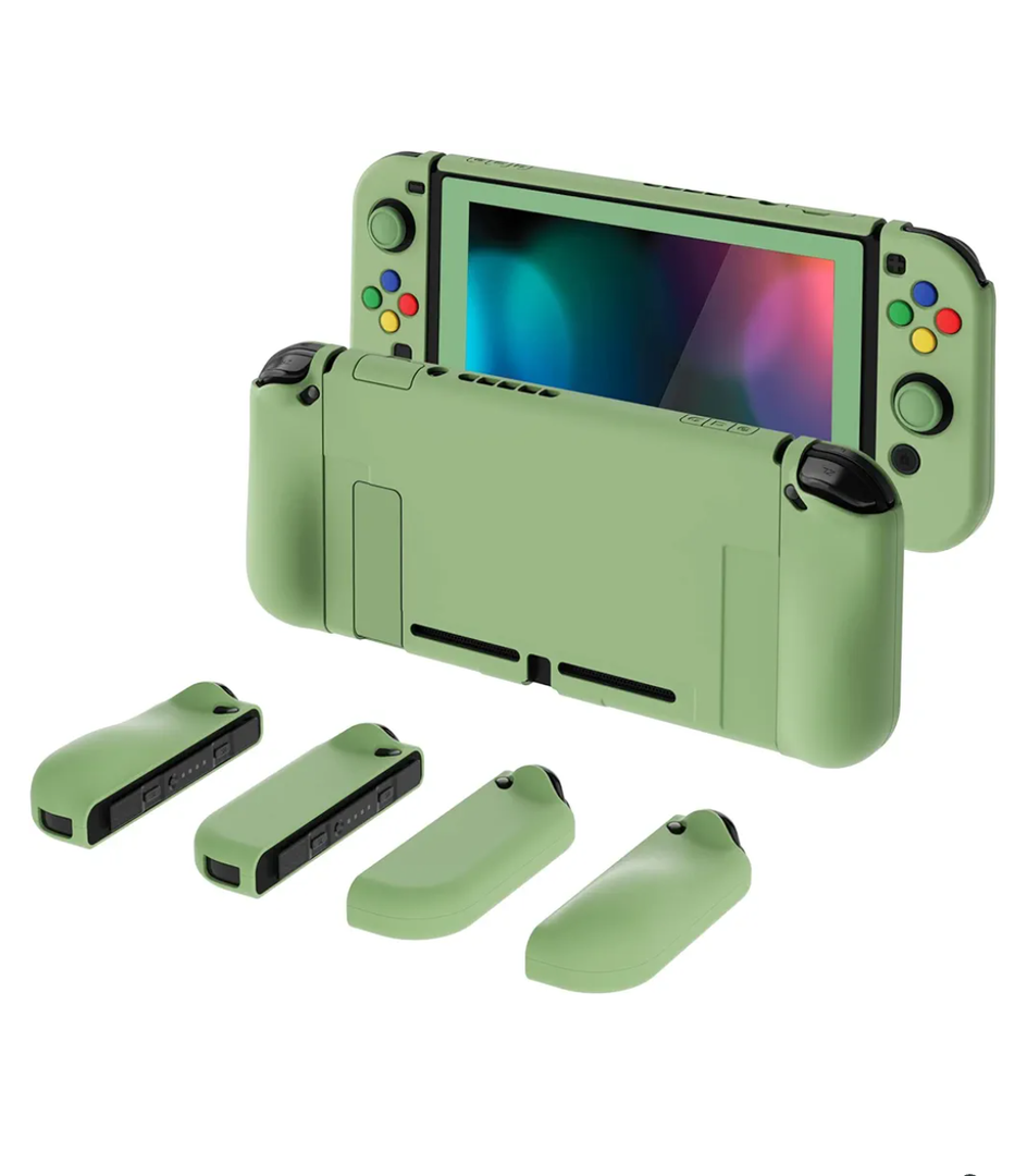 PlayVital AlterGrips Ergonomic Grips Cover for Nintendo Switch, [2 Design] Interchangeable Comfort Dockable Protective Case with Screen Protector & Thumb Grip Buttons Caps - Matcha Green