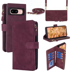 iCoverCase for Google Pixel 8 Wallet Case with Card Holder, Kickstand Feature PU Leather Case with Adjustable Crossbody Lanyard Magnetic Clasp Zipper Pocket Flip Cover (Claret)