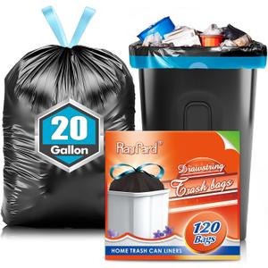 20 Gallon Large Drawstring Trash Bags 120 Counts, Fit 20-21 Gal Trash Can, Heavy Duty Tall Kitchen Garbage Liners, Large Trash Bags Size Chart for Home/Office, Outdoor Lawn & Leaf Bags, Black