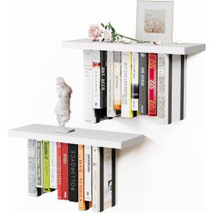 BUTUNITA Floating Bookshelves for Wall, Rustic Wood Hanging Wall Bookshelf, Upside Down Book Shelf and Wall Mounted Bookshelves for Home Decor in Bedroom, Living Room, White 2 Pack