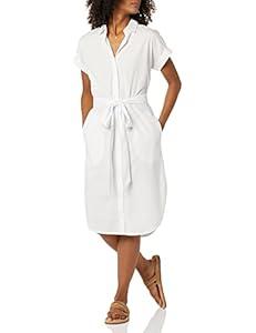Amazon Essentials Women's Relaxed Fit Short Sleeve Button Front Belted Shirt Dress, White, XX-Large
