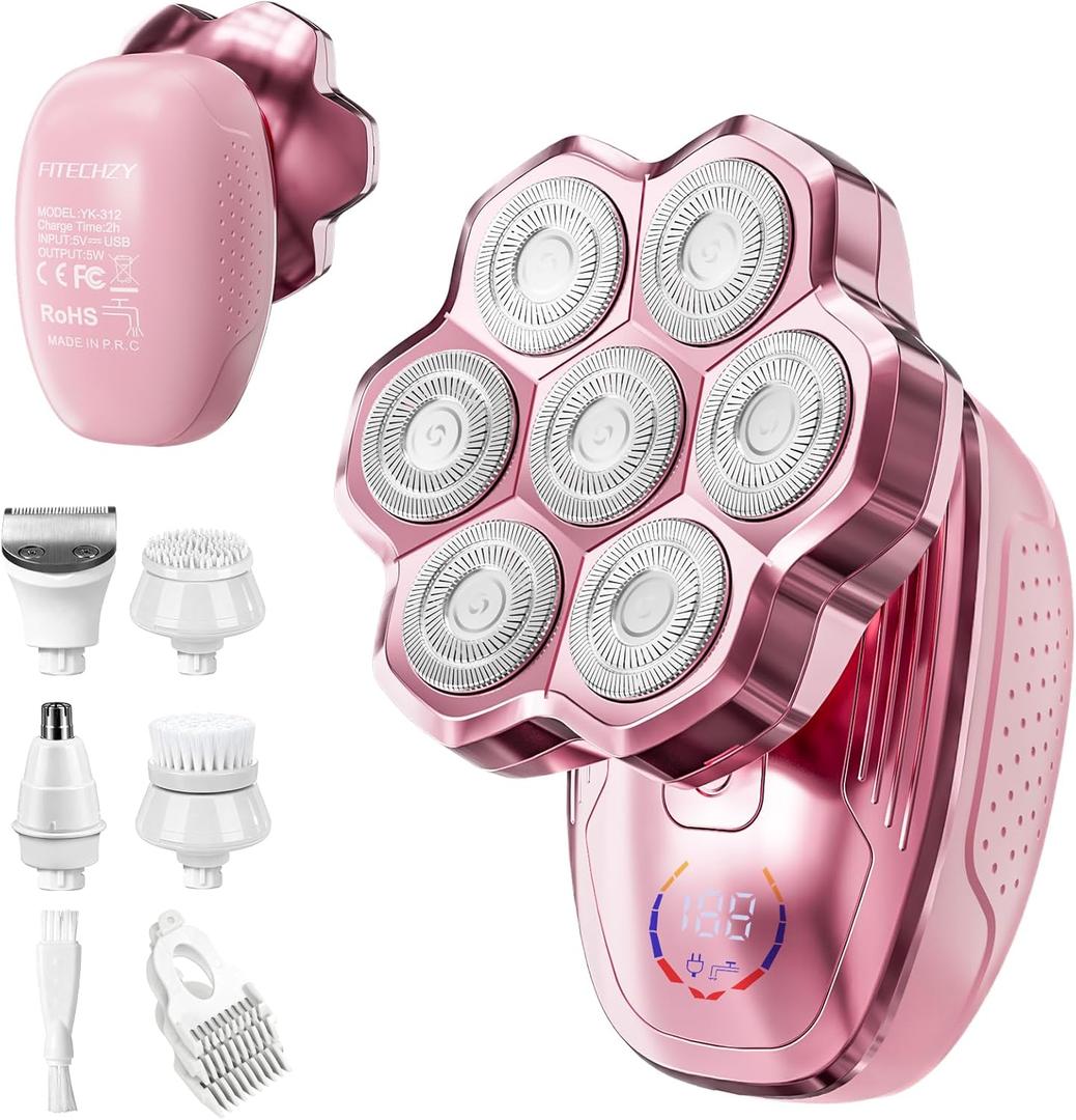 Electric Razors for Women Legs, 5-in-1 Electric Shaver for Women & Body Shaver, Waterproof Wet/Dry 7-Blade Womens Electric Shaver with Womens Facial Hair Shaver for Lady Face Underarms Public (Pink)
