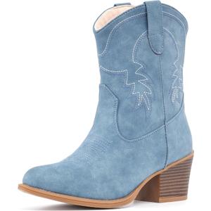 IXU Cowboy Boots for Women Ankle Cowgirl Booties Wide Mid Calf Pointed Toe Western Boots Short Chunky Classic Booties (8.5, Blue)