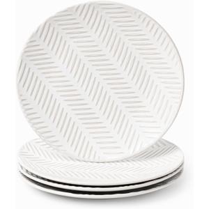 FOBENTA Porcelain Plates for 4,Ceramic Microwave Safe Plates Sets,4 Piece Embossment Resistance Dish Set,Home Essentials Stoneware Dinnerware Set,Wedding Gift (Feather Leaf Pattern)