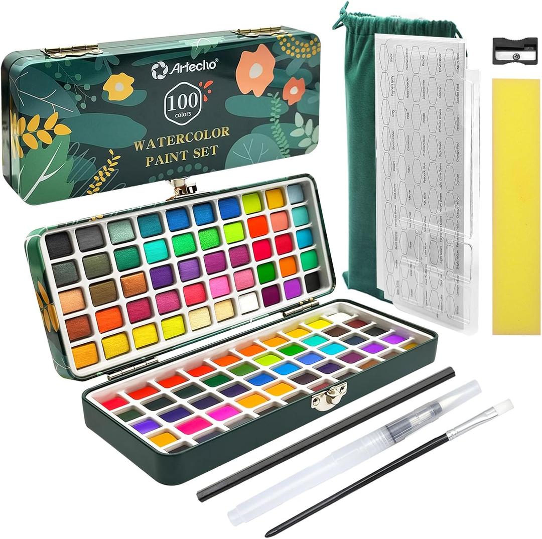 Artecho Watercolor Paint Set 100 Colors with Metallic in Portable Box, Paint Kit with Watercolor Papers and Brushes, Water Color Set for Beginners & Professionals