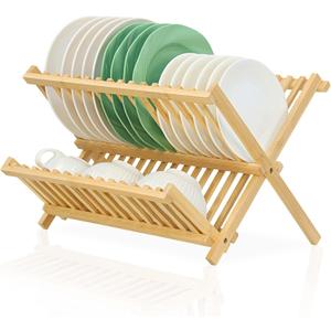 Bamboo Dish Drying Rack, Collapsible 2-Tier Dish Drainer Kitchen Plate Rack for Kitchen Countertop Foldable
