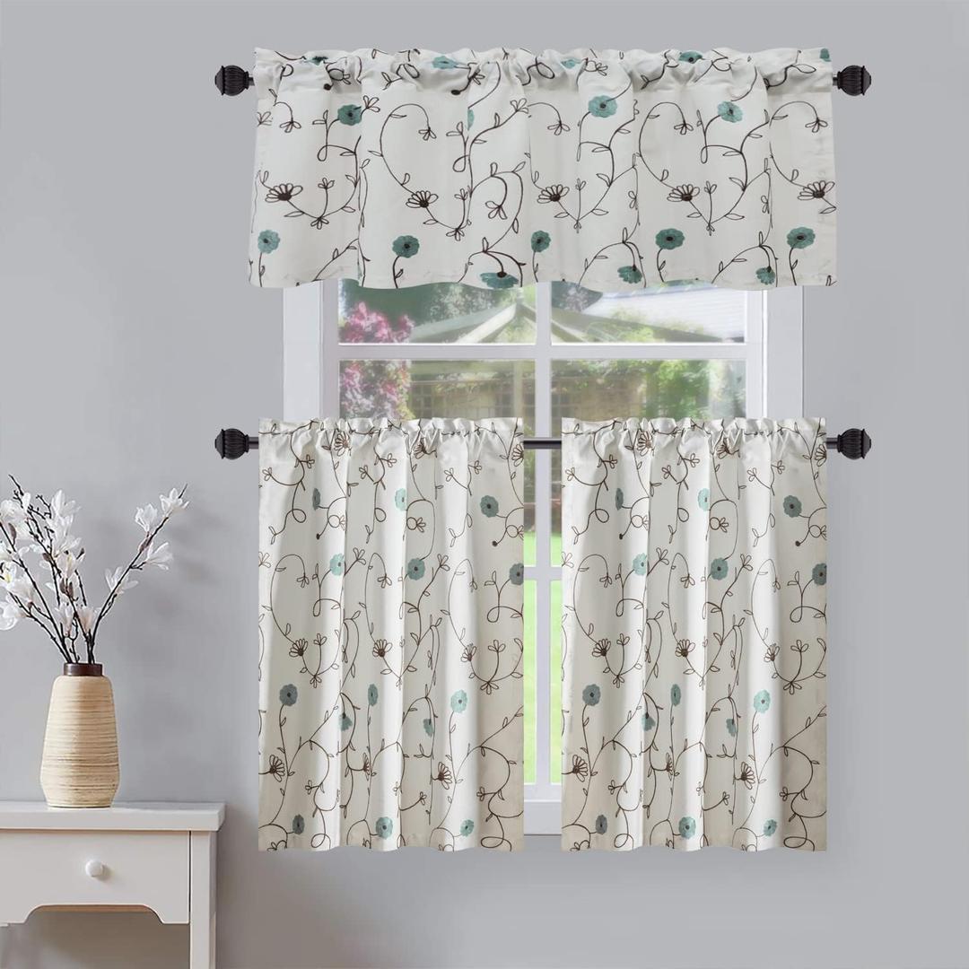 VOGOL Blue Flower Embroidery Kitchen Curtain Tier and Valance Set Decorative Cafe Curtains 36 Inch Long Rod Pocket Drapes for Small Windows, 3 Panels