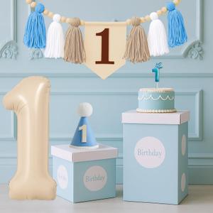 1st Birthday Highchair Banner Decorations for First Boys With Blue Cone Hat, Number 1 Balloon and Birthday Candle Photo Backdrop (Khaki and Blue)