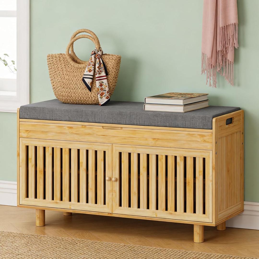 oakvivo Bamboo 35.4in Shoe Storage Bench with Lift Top Storage & Padded Seat Cushion, 2-Tier Shoe Rack Cabinet with 2 Doors for Entryway, Living Room, Bedroom, Mudroom, Natural, 35in Natural