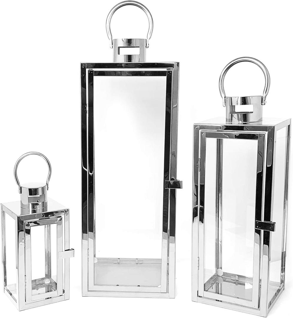 Allgala 2-PC Lantern Set 23 Inch Jumbo Deluxe Modern Indoor/Outdoor Candle Lantern Set Stainless Steel Frame Tempered Glass Rectangular Silver Chrome Color for Garden Poolside Fireplace Wedding. Glass piece missing