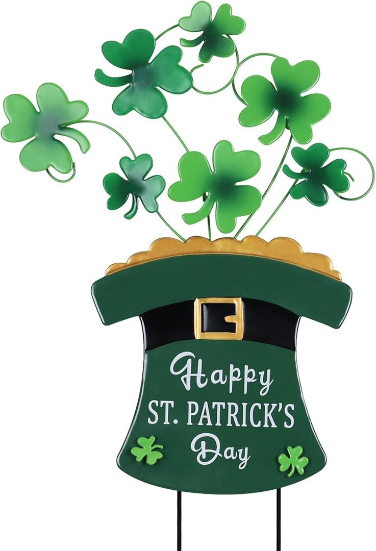 YEAHOME St Patricks Day Decorations Outdoor, Hat with Gold Clovers Decorative Garden Stakes for St Patricks Day Decor, Metal Happy St Patricks Day Yard Signs for Garden Lawn Porch