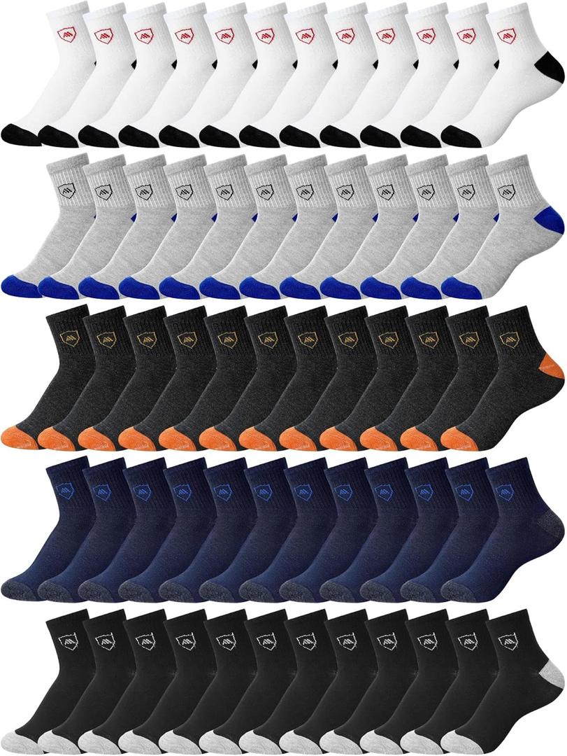 60 Pairs Mens Socks Bulk Homeless Thermal Moisture Wicking Sports Crew Ankle Sock for Men Unisex (5-9, White, Black, Navy, Dark Gray, Light Gray)