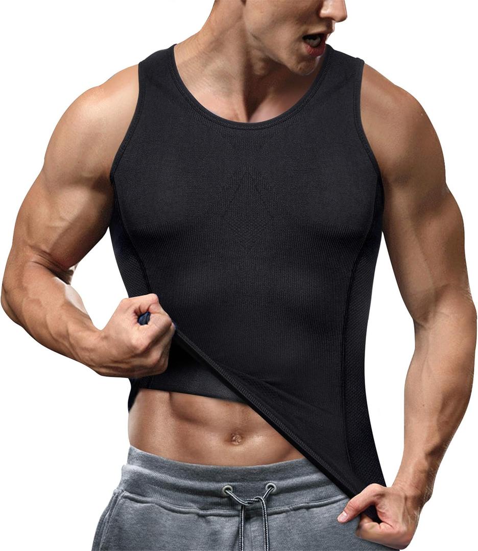 TAILONG Compression Shirts for Men Shapewear Slimming Body Shaper Waist Trainer Vest Workout Tank Tops Abdomen Undershirts (Medium-Large, Black)