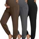 Sweetyweee 3 Pack Women's Maternity Pants Maternity Jogger Sweatpants Over The Belly Stretchy Pregnancy Pants with Pockets(Light Camel,Brown, Black,Small