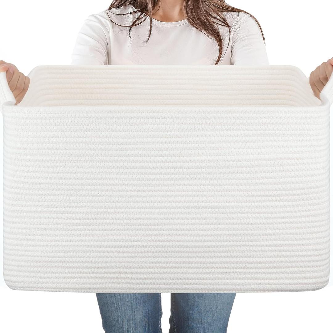 65L Cotton Rope Large Blanket Basket (19.7"x15.7"x11.8") for Living Room, Kids Room & Laundry, Storage Basket with Handle for Organizing Blankets, Pillows, Clothes & Toys, White