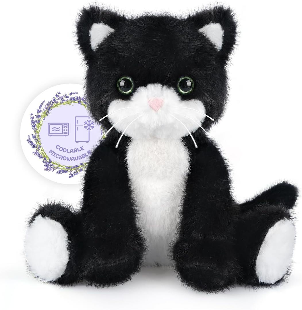 SuzziPals Heatable & Coolable Black and White Cat Stuffed Animal, Cat Heating Pad Microwavable for Soothing & Relaxation, Lavender Scented Tuxedo Cat Plush Toy for Stress Relief, Cat Toys for Kids
