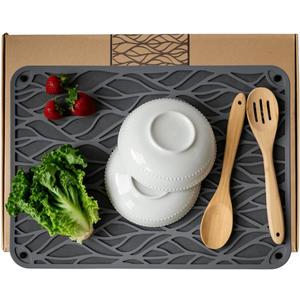 Stone Drying Mat for Kitchen Counter - 21.6"x15.7" Eco-Friendly Diatomaceous Earth Stone Dish Drying Mat with Trendy Silicone Topper & Legs for Airflow - Large Kitchen Stone Mat