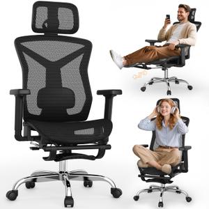 Ergonomic Office Chair with Foot Rest, Home Mesh Desk Chair with Adjustable Lumbar Support, 3D Armrest, 3D Headrest, 90-135 Lockable Reclining Function, Comfy High Back Swivel Computer Gaming Chairs (Black)