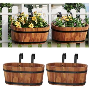 2PACK Wooden Cute Hanging Flower Pots for Railing Fence Outdoor Planter Railing Planter Boxes for Plants Wall Planters Window Flower Box Hanging Bucket Pots Countryside plant Holder (Brown,2pcs,Large)