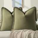 ZWJD Pillow Covers 20x20 Set of 2 Army Green Throw Pillow Covers with Fringe Chic Cotton Decorative Pillows Square Cushion Covers for Sofa Couch Bed Living Room Farmhouse Boho Decor