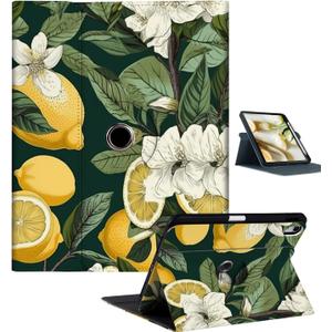 360 Rotating Case for iPad Air 11-inch M2/Air 5th/4th Generation with Pencil Holder, Apple Air M2 11" 2024/Air 10.9", Protective Cover for iPad Air 5/4/6th Gen, Lemon Flowers