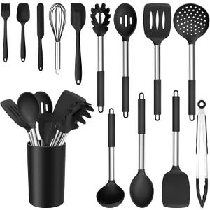 E-far 14 Pieces Silicone Cooking Utensils Set, Kitchen Utensils Set with Holder, Spatula, Ladle, Spoon, Tong, Slotted Turner for Nonstick Cookware, Heat Resistant & Stainless Steel Handle, Black