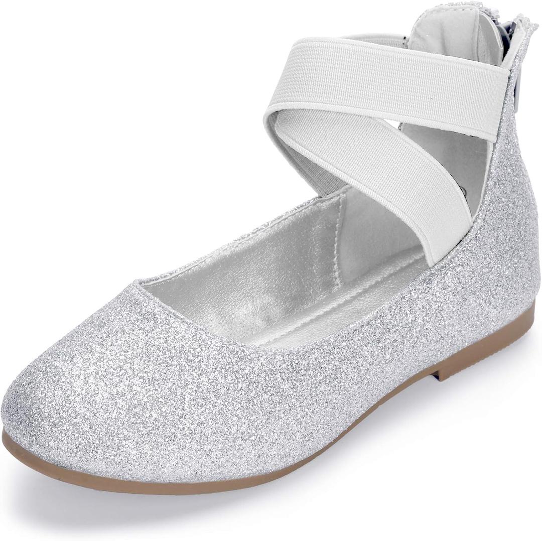 Hehainom Girls Dress Shoes Toddler Little Kids Gracy Ballet Mary Jane Ballerina Flats with Elastic Ankle Strap (Size 5 Big Kid, Silver Glitter)