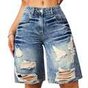 WDIRARA Women's Ripped Raw Hem Bermuda Denim Shorts Mid Rise Distressed Jean Shorts Streetwear Blue 31