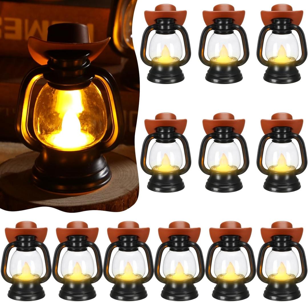 ROCEEI 24 Pieces Cowboy Hats Mini Lantern Western Cowgirl Small Lantern Decoration Retro Tiny Lamp with LED Candle Hanging Table Centerpieces Decor for Wedding Birthday Party Favor (Brown)