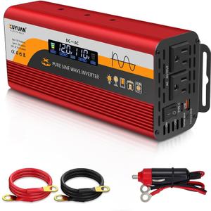 500W Pure Sine Wave Inverter, 12V/24V Auto-Detect, 50Hz/60Hz Switchable, LCD Display, Type-C Fast Charging, Silent Design, Overload & Overheat Protection for RV, Home
