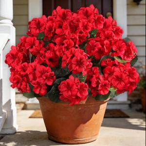 Artificial Flowers for Outdoors, 6 Bundles Realistic Silk Fake Red Geraniums, Faux Plastic Flowers for Outdoor Planters, Hanging Baskets, Window Boxes, Porch, Patio Decor