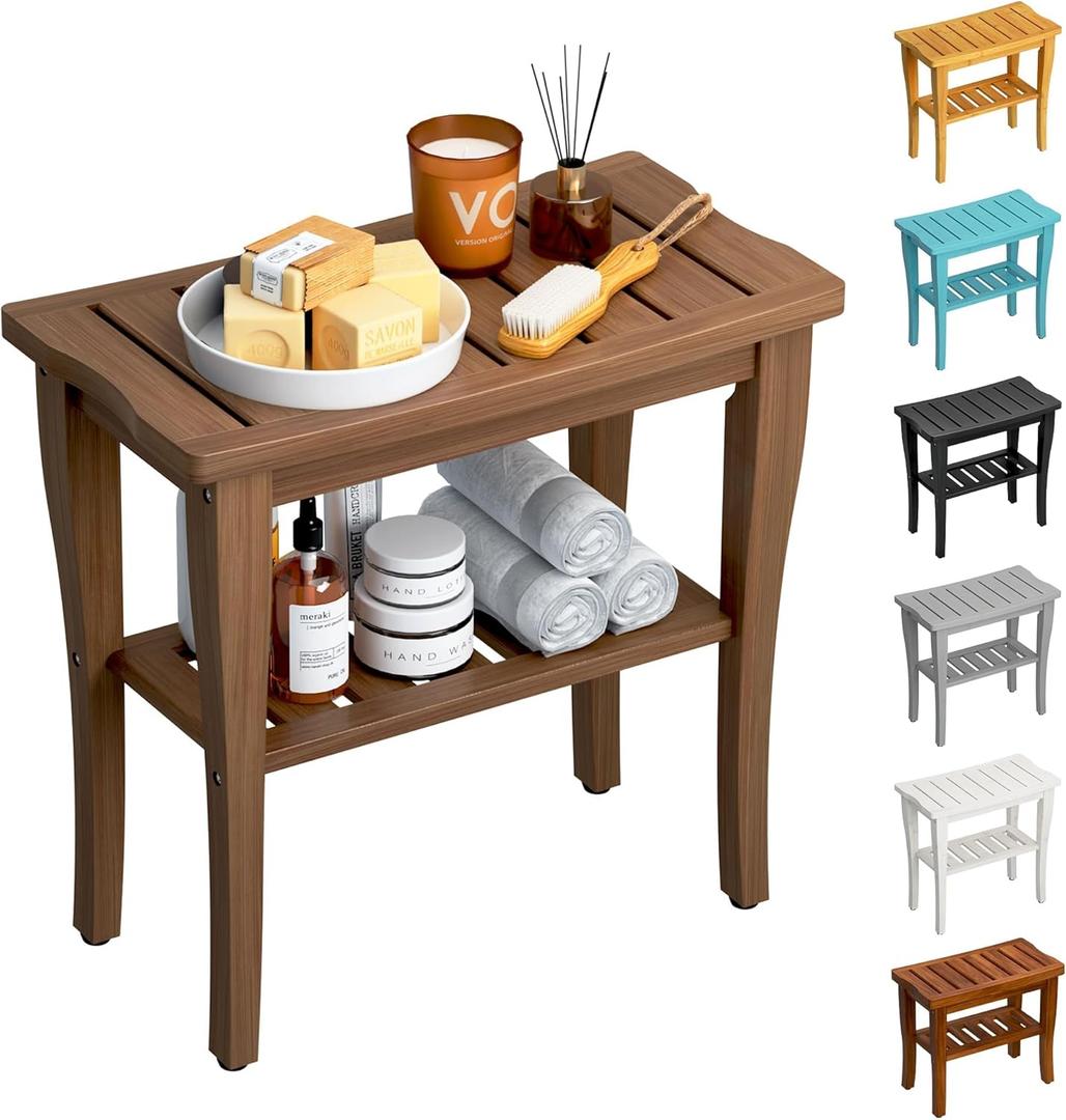 Bamboo Shower Bench Stool with Storage Shelf, Waterproof Shower Chair Spa Bath Seat, Shower Stool for Inside, Bathroom Bench Seat for Adults Elderly Seniors for Indoor or Outdoor Use(Walnut)