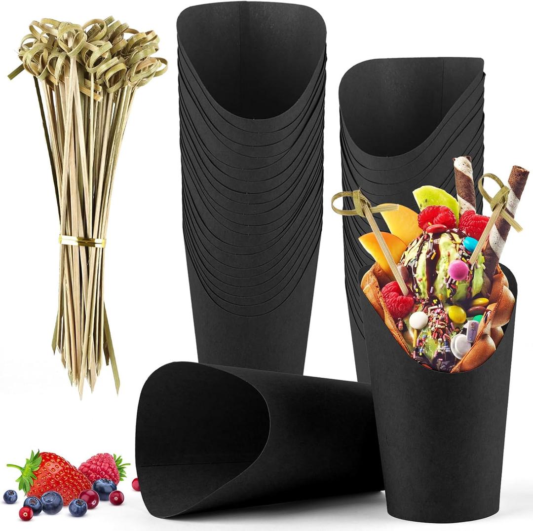 50 Pcs Charcuterie Cups with 100 Cocktail Picks, Disposable 12oz Kraft Paper Snack Cups, Appetizer Cups for Parties, Black