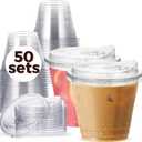 9 oz Clear Plastic Cups with Strawless-Sip-Lids, 50 Sets Disposable Cups Plastic Iced Coffee Cups, To Go Cups with Sip Through Lids for Smoothie, Milkshake, Cold Drinks for Party, Wedding, Event