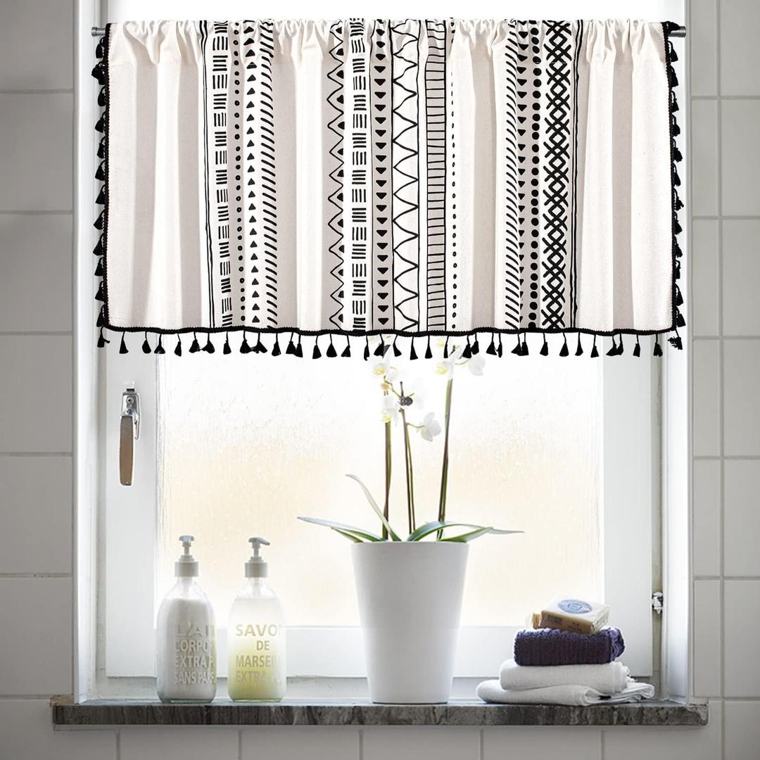 RYNGHIPY Cotton Linen Boho Curtains with Tassels Black and Ivory Striped Curtains Valances for Windows Farmhouse Window Treatment for Kitchen Bathroom, Black and Ivory, 55"W x 36"L (Pack of 1)