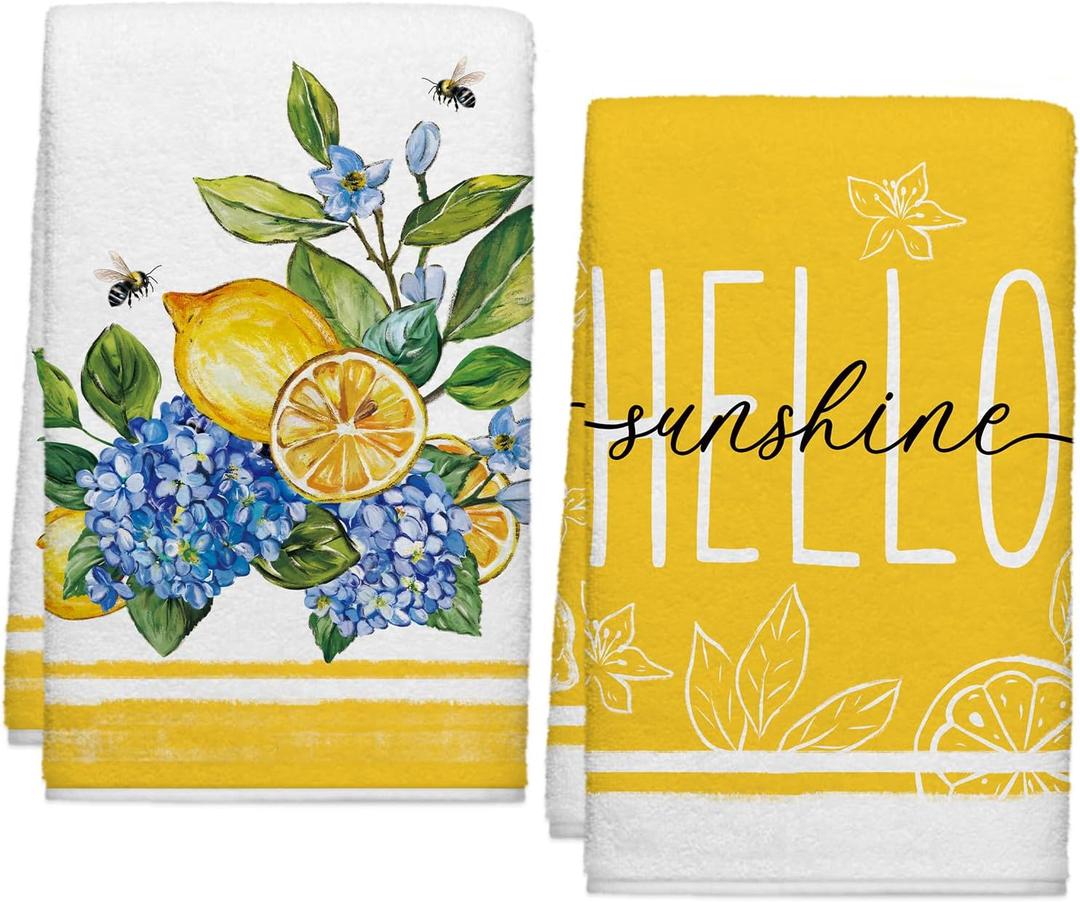 Spring Summer Hydrangeas Lemons Kitchen Towels, Hello Sunshine Dish Towels Set of 2, Spring Floral Holiday 18 x 26 Inch Hand Towel Quick Drying Dishcloth Decor for Kitchen Bathroom Home