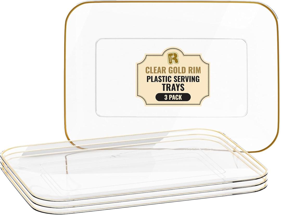 3 Pack Plastic Serving Trays for Party - Gold Serving Tray 8 x 11 Inch - Heavy Duty Dessert Trays for Food - Rectangular Party Serving Trays for Entertaining - Clear Cookie Platters